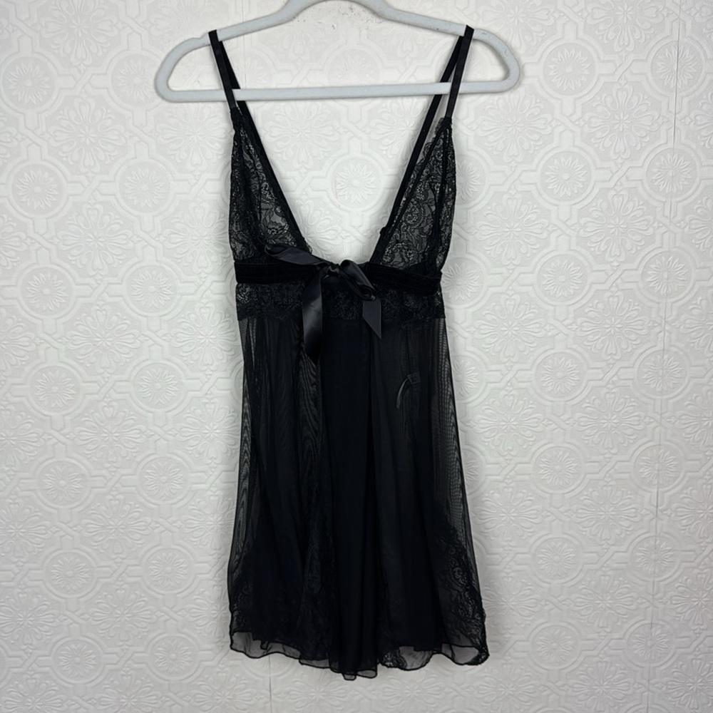 Oh La La Cheri Lingerie Bow Babydoll‎ Chemise Top Slip Black Lace L/XL Large